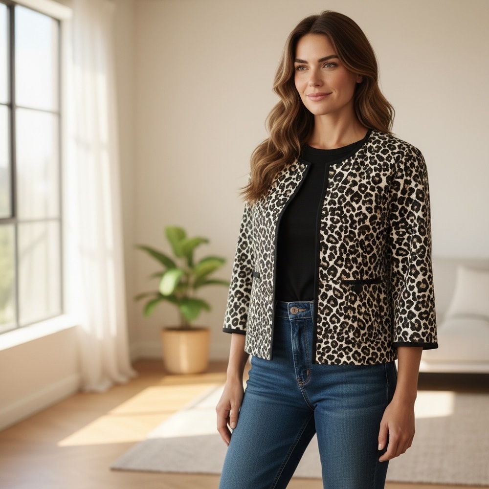 Chico's Jacquard Leopard Print Jacket Sz 2 US Size L casual chic modern classic